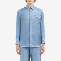 Pierre-Louis Mascia Aloe Silk Long Sleeve Shirt in Blue Denim Trompe-l’œil Denim Effect Print Shop PIERRE LOUIS MASCIA designer fashion online or in-store at Riada Concept, Sydney’s high-end fashion boutique in Australia.