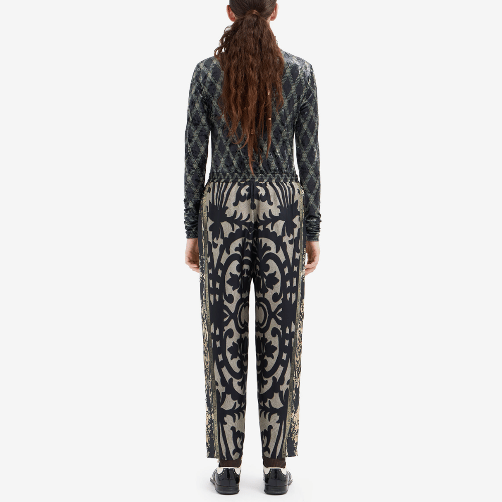 Pierre-Louis Mascia Aloe Silk Trousers in Black and Olive Baroque Motif PIERRE LOUIS MASCIA designer fashion online or in-store at Riada Concept, Sydney’s high-end fashion boutique in Australia.