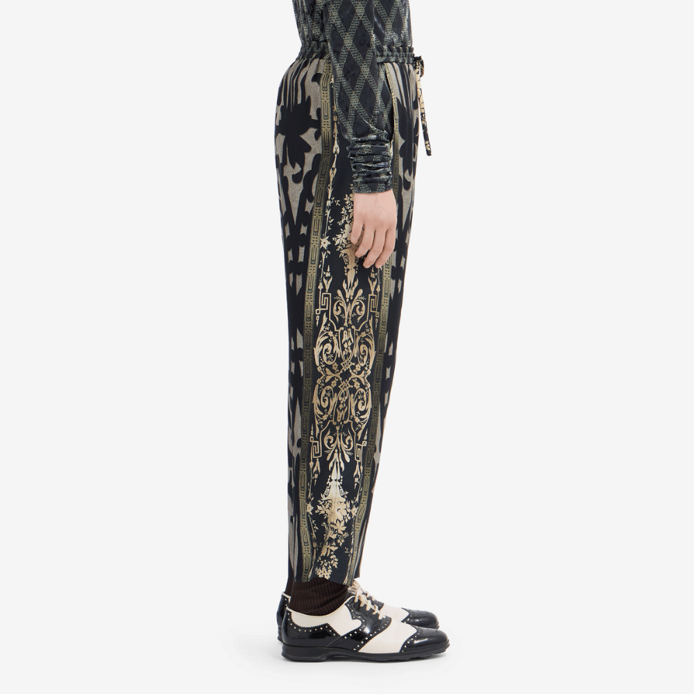 Pierre-Louis Mascia Aloe Silk Trousers in Black and Olive Baroque Motif PIERRE LOUIS MASCIA designer fashion online or in-store at Riada Concept, Sydney’s high-end fashion boutique in Australia.
