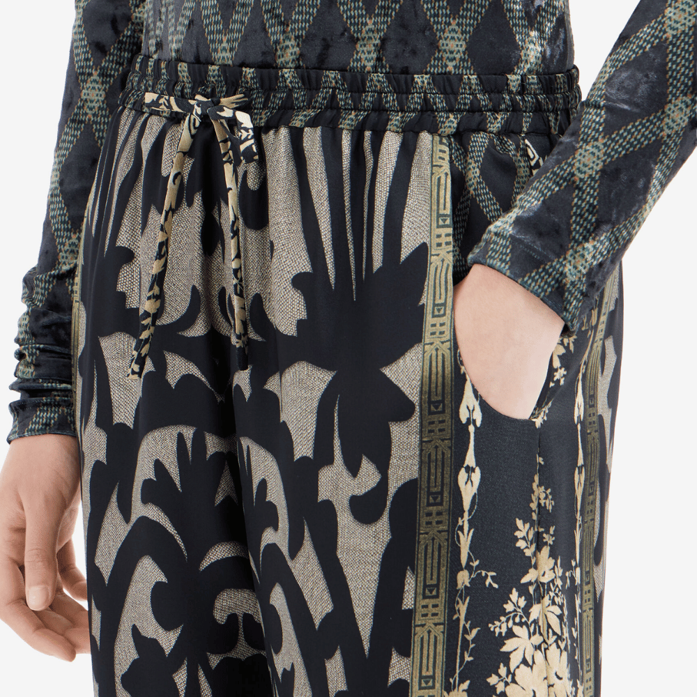 Pierre-Louis Mascia Aloe Silk Trousers in Black and Olive Baroque Motif PIERRE LOUIS MASCIA designer fashion online or in-store at Riada Concept, Sydney’s high-end fashion boutique in Australia.