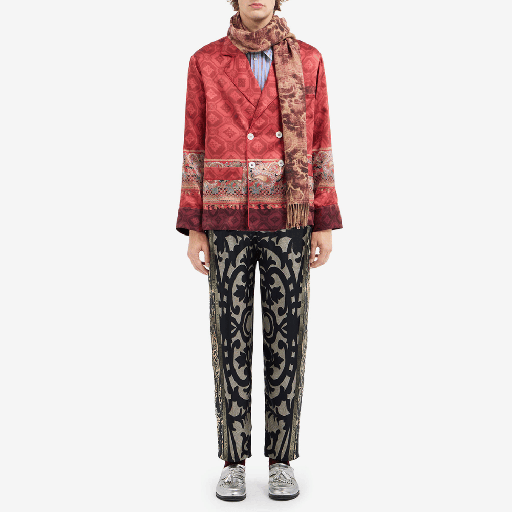 Pierre-Louis Mascia Aloe Silk Trousers in Black and Olive Baroque Motif PIERRE LOUIS MASCIA designer fashion online or in-store at Riada Concept, Sydney’s high-end fashion boutique in Australia.