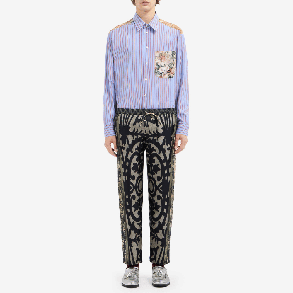Pierre-Louis Mascia Aloe Silk Trousers in Black and Olive Baroque Motif PIERRE LOUIS MASCIA designer fashion online or in-store at Riada Concept, Sydney’s high-end fashion boutique in Australia.
