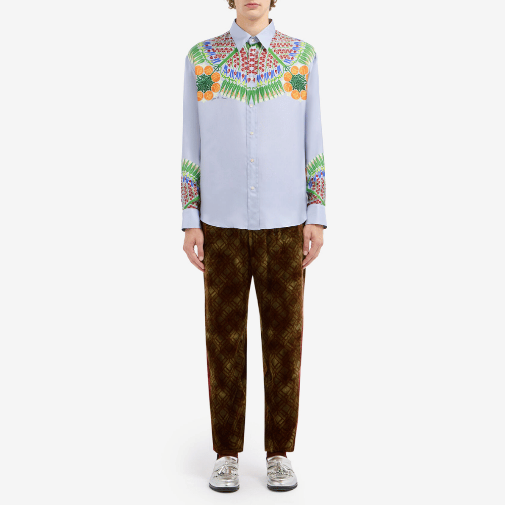 Pierre-Louis Mascia Aloebio Silk Long Sleeve Shirt in Light Blue with Botanical Motif Shop PIERRE LOUIS MASCIA designer fashion online or in-store at Riada Concept, Sydney’s high-end fashion boutique in Australia.