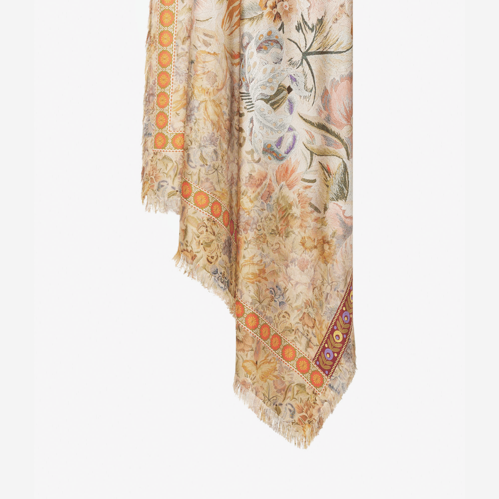 Pierre-Louis Mascia Aloeuw Silk Shawl Scarf in Erbario Ochre Ornamental Floral Tapestry Print (135x195cm) PIERRE LOUIS MASCIA designer fashion online or in-store at Riada Concept, Sydney’s high-end fashion boutique in Australia.