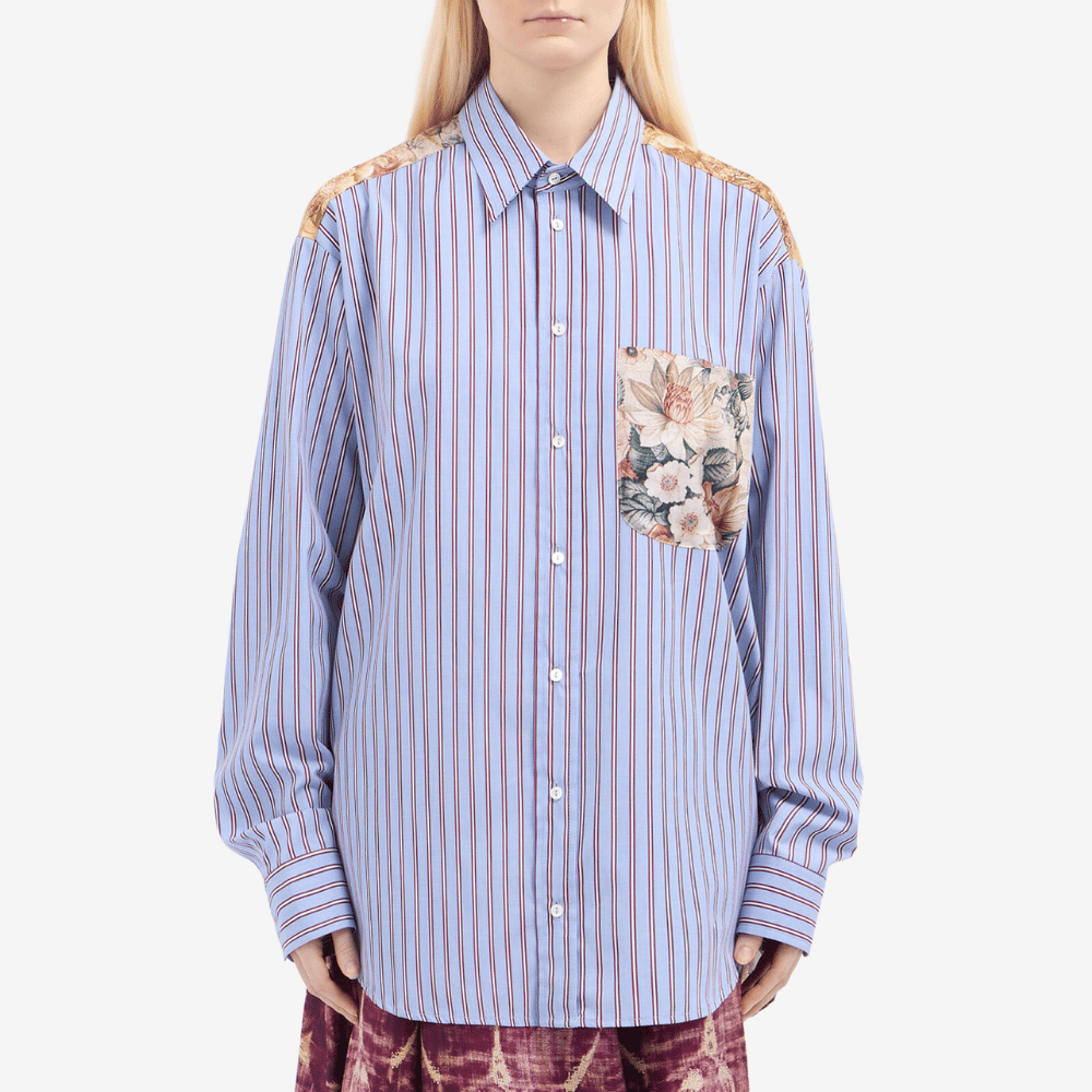 Pierre-Louis Mascia Alotho Cotton Silk Long Sleeve Shirt in Lilac Stripe with Floral Tapestry Back Shop PIERRE LOUIS MASCIA designer fashion online or in-store at Riada Concept, Sydney’s high-end fashion boutique in Australia.