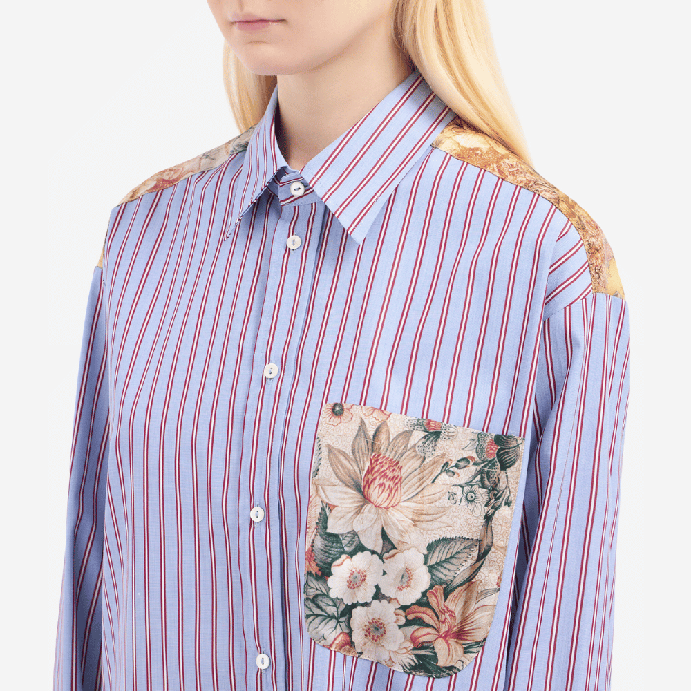 Pierre-Louis Mascia Alotho Cotton Silk Long Sleeve Shirt in Lilac Stripe with Floral Tapestry Back Shop PIERRE LOUIS MASCIA designer fashion online or in-store at Riada Concept, Sydney’s high-end fashion boutique in Australia.