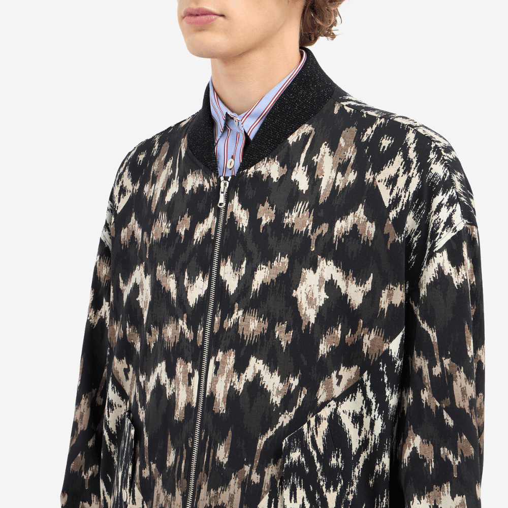 Pierre-Louis Mascia Dydox Virgin Wool Bomber Jacket in Black Ikat Print PIERRE LOUIS MASCIA designer fashion online or in-store at Riada Concept, Sydney’s high-end fashion boutique in Australia.