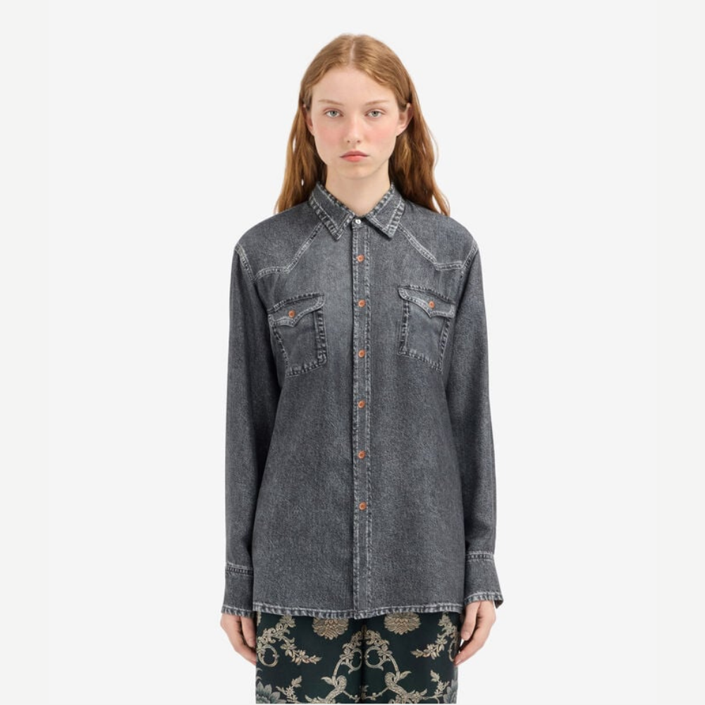 Pierre-Louis Mascia ALOE Faux-Denim Silk Long Sleeve Shirt in Black Denim – International designer fashion boutique Australia Riada Concept Woollahra