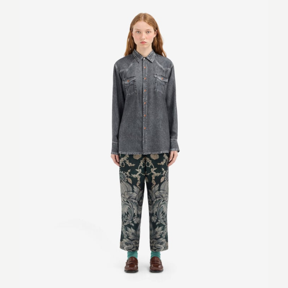 Pierre-Louis Mascia ALOE Faux-Denim Silk Long Sleeve Shirt in Black Denim – International designer fashion boutique Australia Riada Concept Woollahra
