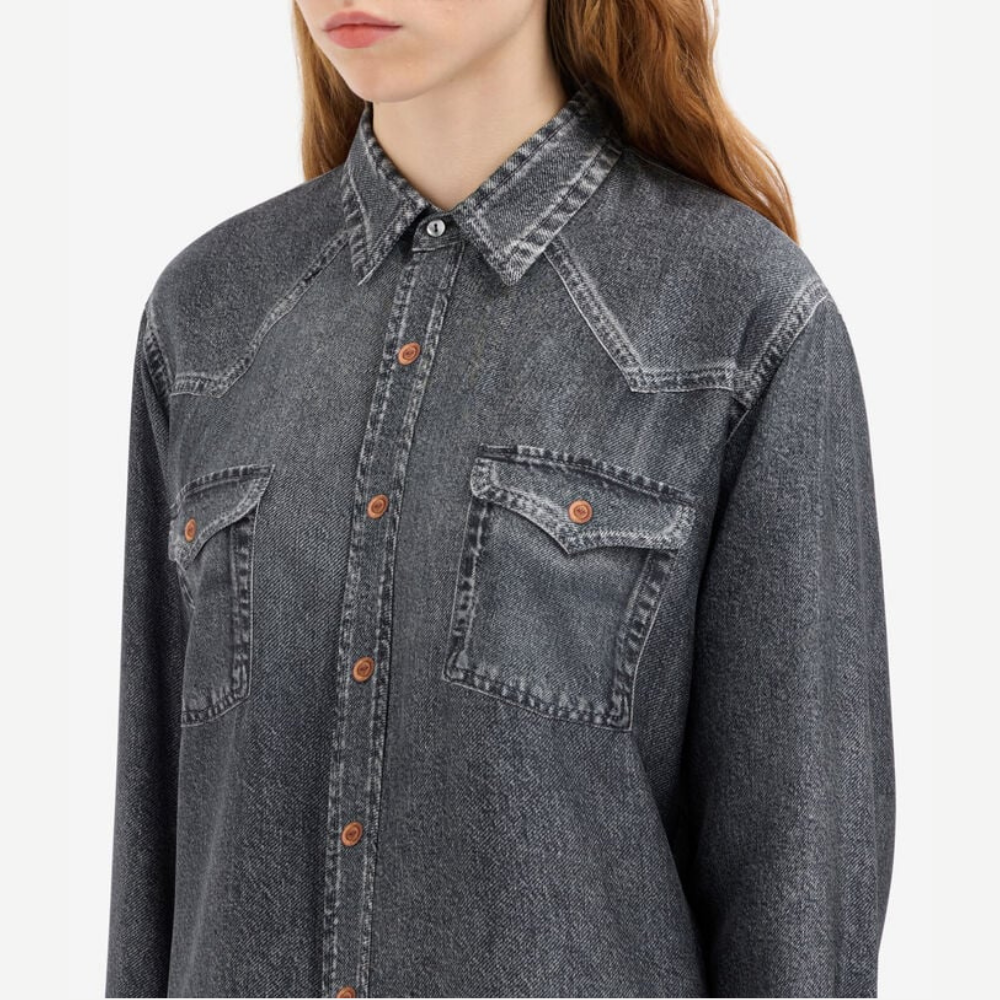 Pierre-Louis Mascia ALOE Faux-Denim Silk Long Sleeve Shirt in Black Denim – International designer fashion boutique Australia Riada Concept Woollahra
