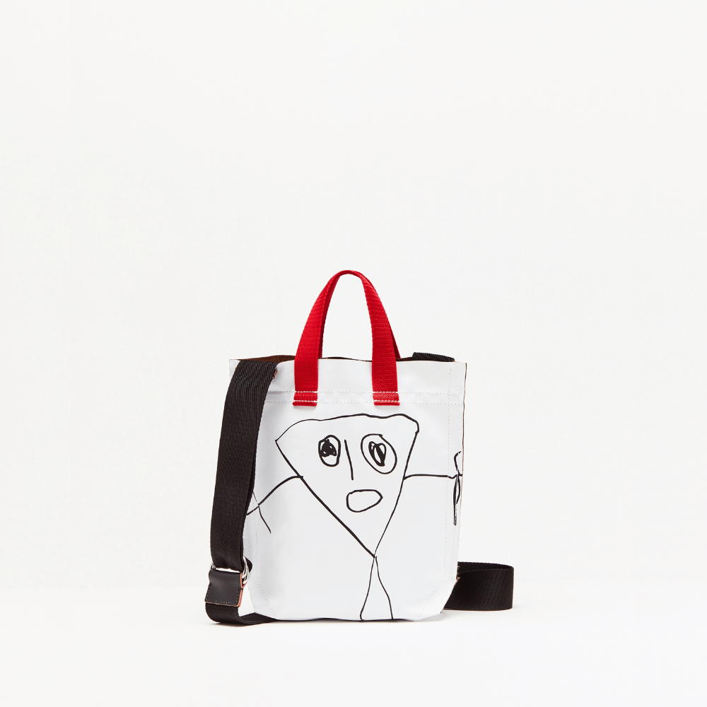 Plan C Pili & Bianca Mini Shopper Bag in Optical White with black graphic artwork, red handles and shoulder strap