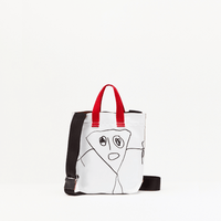 Plan C Pili & Bianca Mini Shopper Bag in Optical White with black graphic artwork, red handles and shoulder strap