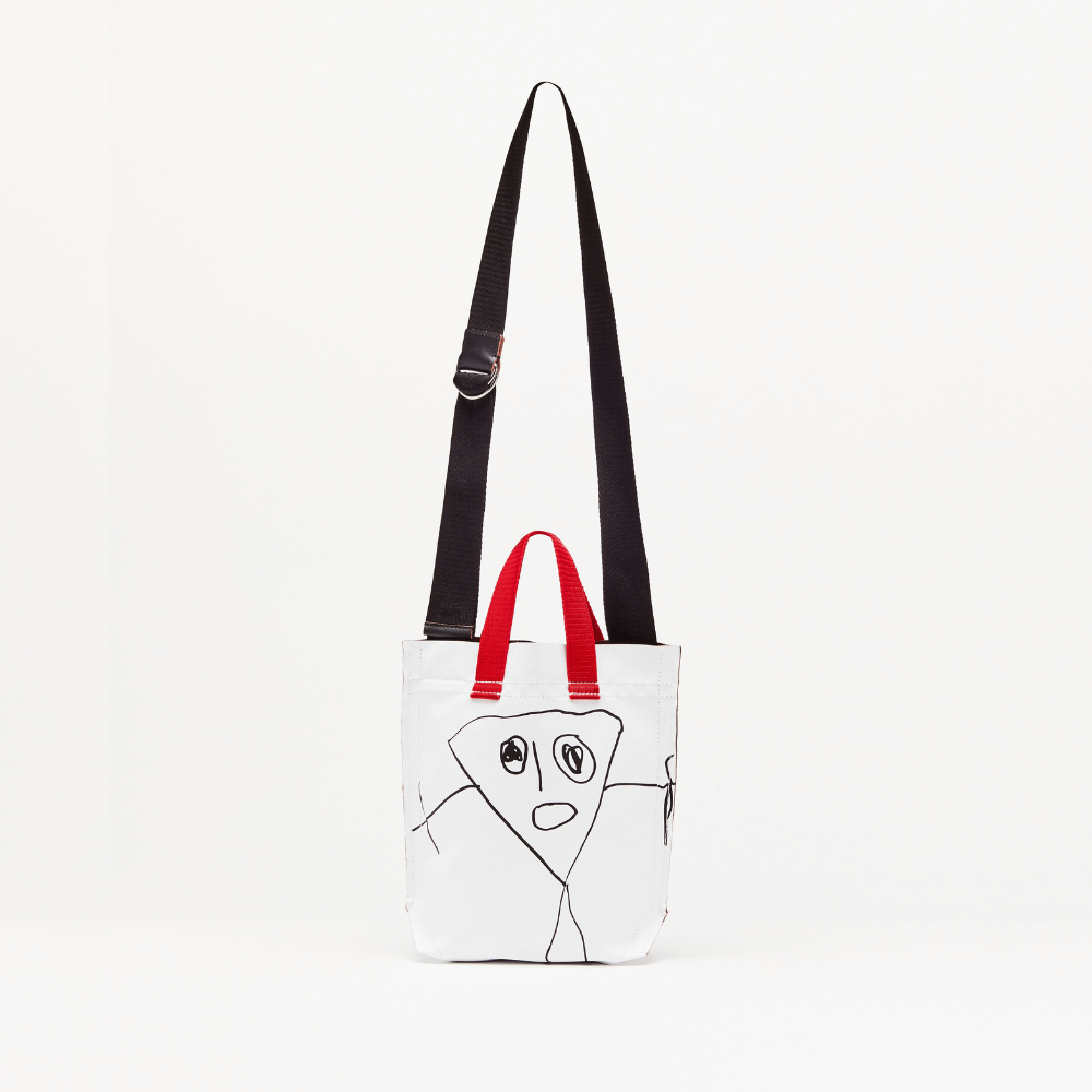 Plan C Pili & Bianca Mini Shopper Bag in Optical White with black graphic artwork, red handles and shoulder strap - front image full