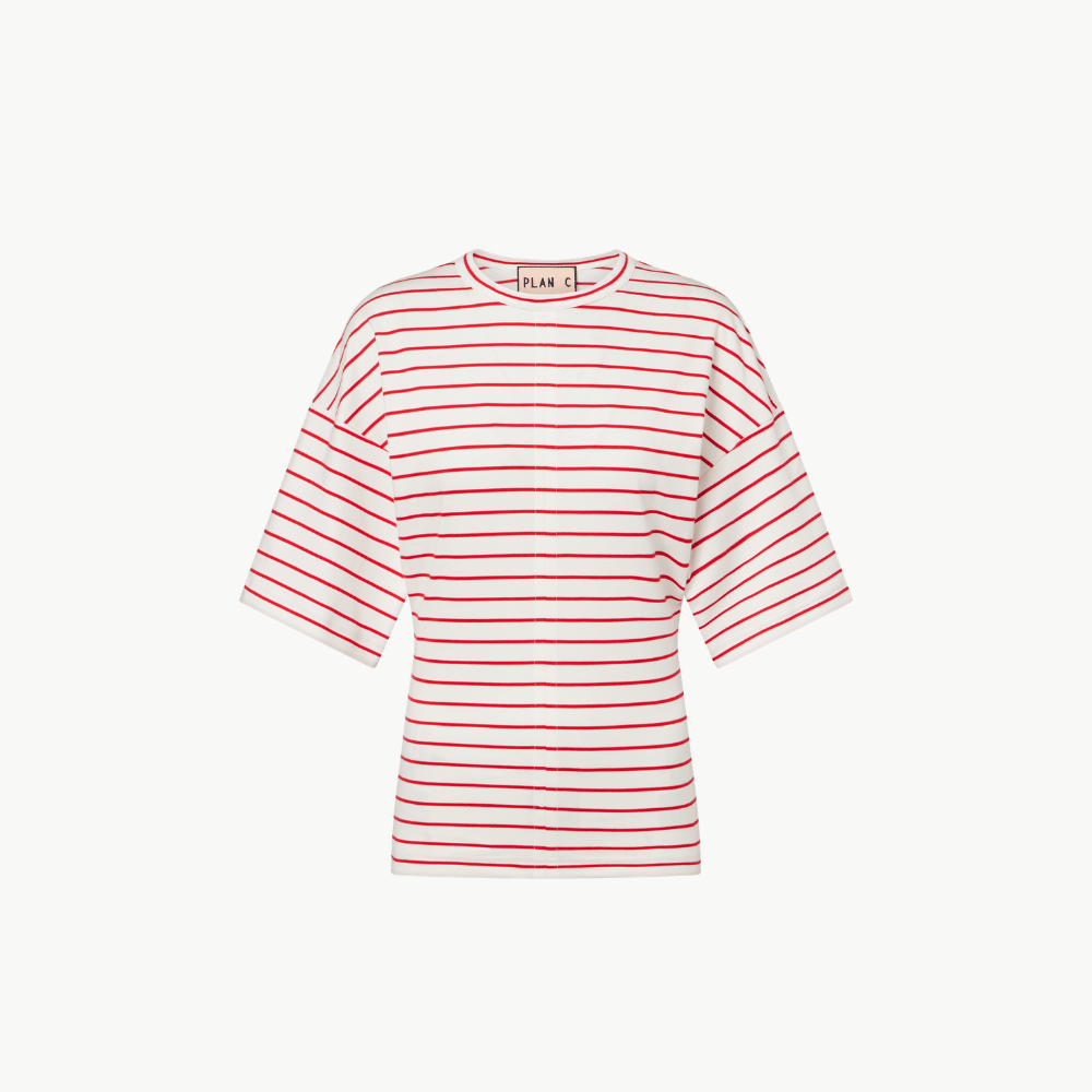 Plan C Striped Boxy Cotton T-Shirt in White & Red at Riada Concept. Made in Italy with dropped shoulders, a curved hem and relaxed cotton jersey fit.