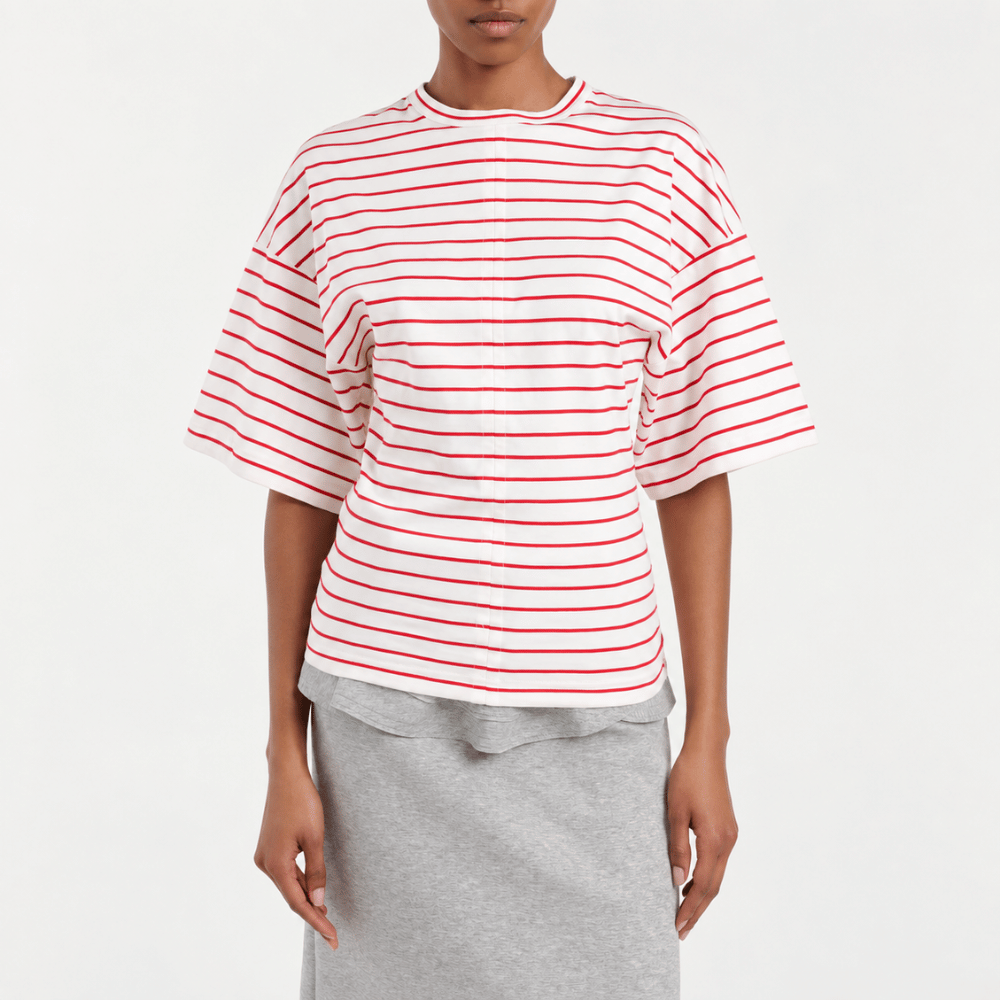 Plan C Striped Boxy Cotton T-Shirt in White & Red at Riada Concept. Made in Italy with dropped shoulders, a curved hem and relaxed cotton jersey fit - front view