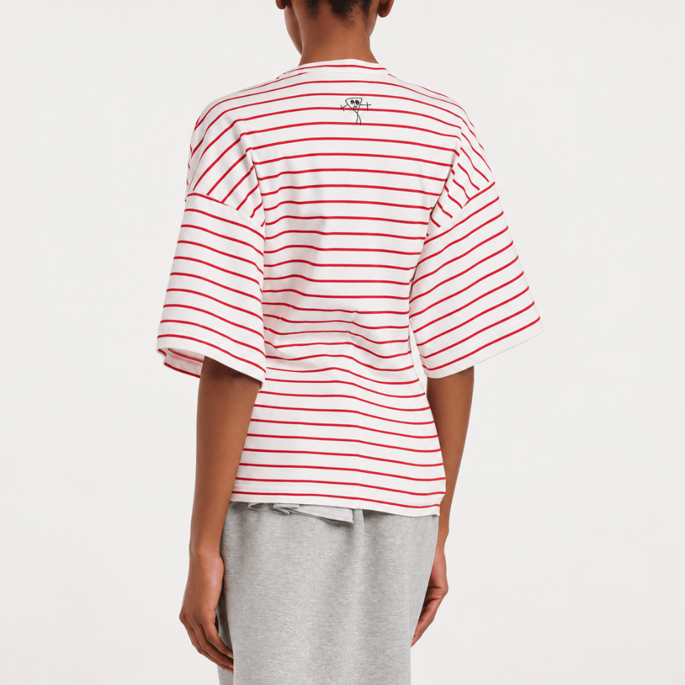 Plan C Striped Boxy Cotton T-Shirt in White & Red at Riada Concept. Made in Italy with dropped shoulders, a curved hem and relaxed cotton jersey fit - back view