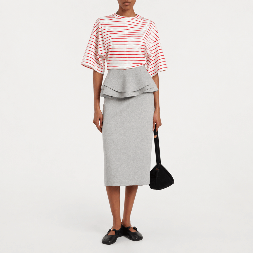 Plan C Striped Boxy Cotton T-Shirt in White & Red at Riada Concept. Made in Italy with dropped shoulders, a curved hem and relaxed cotton jersey fit - front styled model view