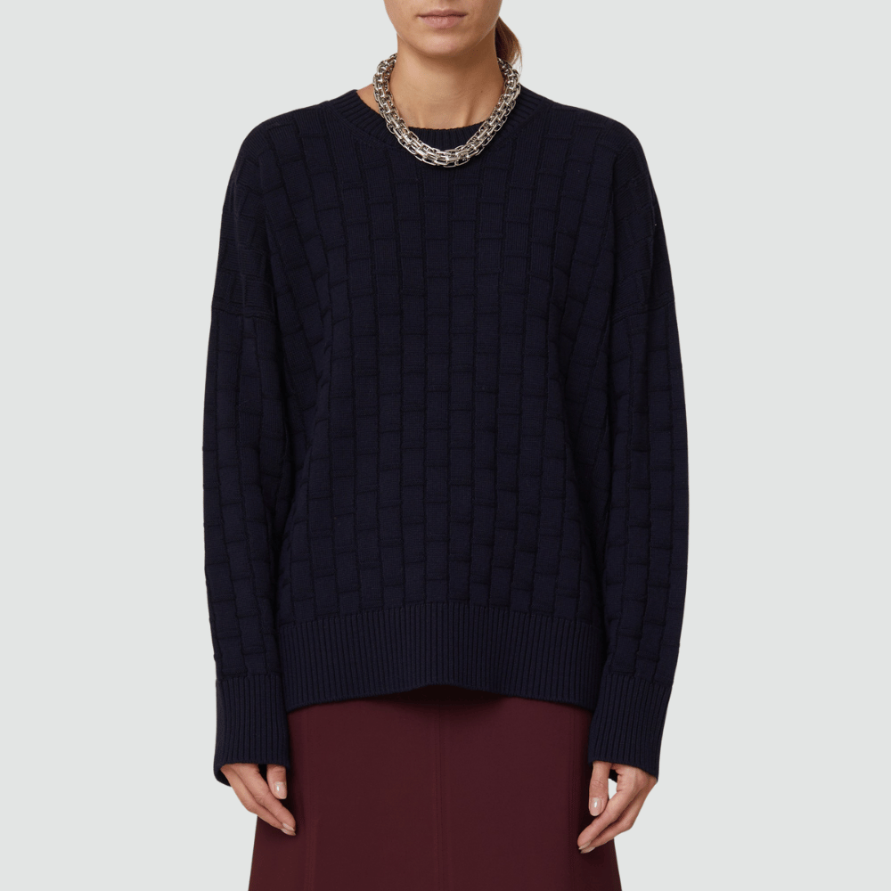 Plan C Long Sleeve Textured Merino Knit Sweater in Dark Blue – International designer fashion boutique Australia Riada Concept Woollahra