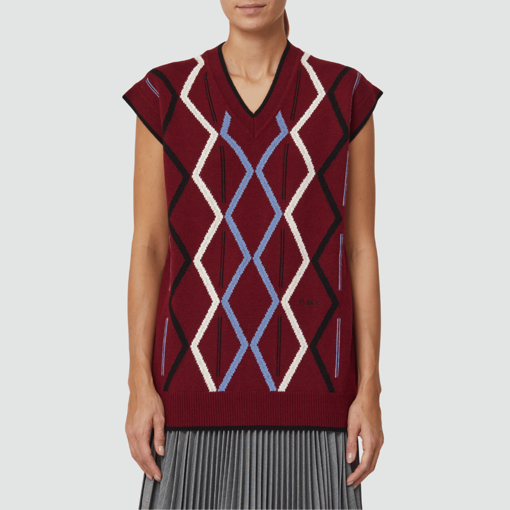 Plan C Rhombus Intarsia Vest in Burgundy – International designer fashion boutique Australia Riada Concept Woollahra