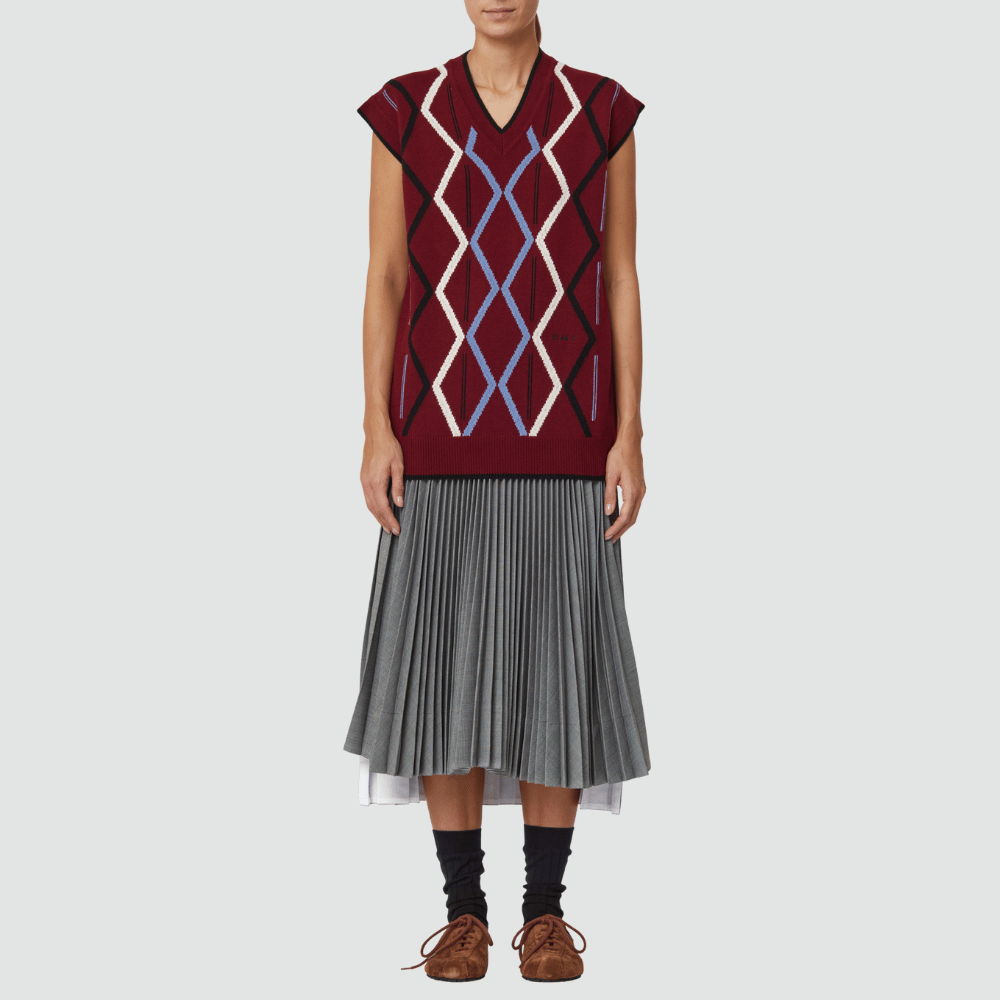 Plan C Rhombus Intarsia Vest in Burgundy – International designer fashion boutique Australia Riada Concept Woollahra