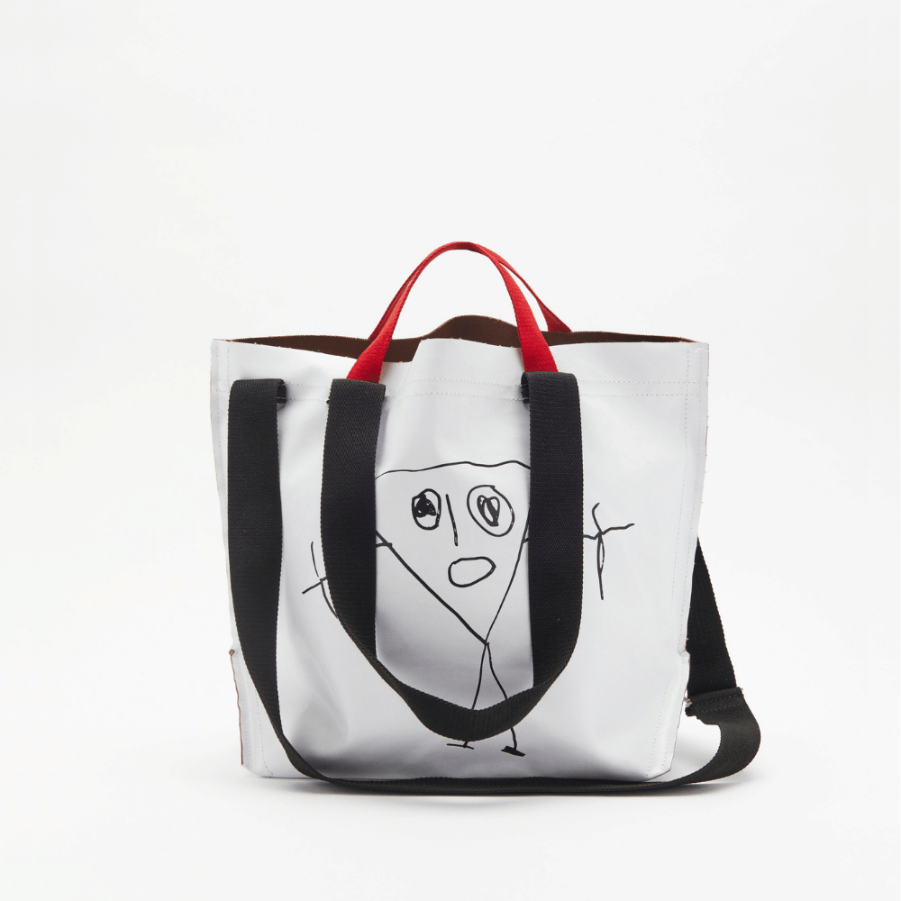 Plan C Printed Medium Shopper Bag in Optical White with black line artwork and contrast black and red handles