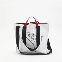 Plan C Printed Medium Shopper Bag in Optical White with black line artwork and contrast black and red handles