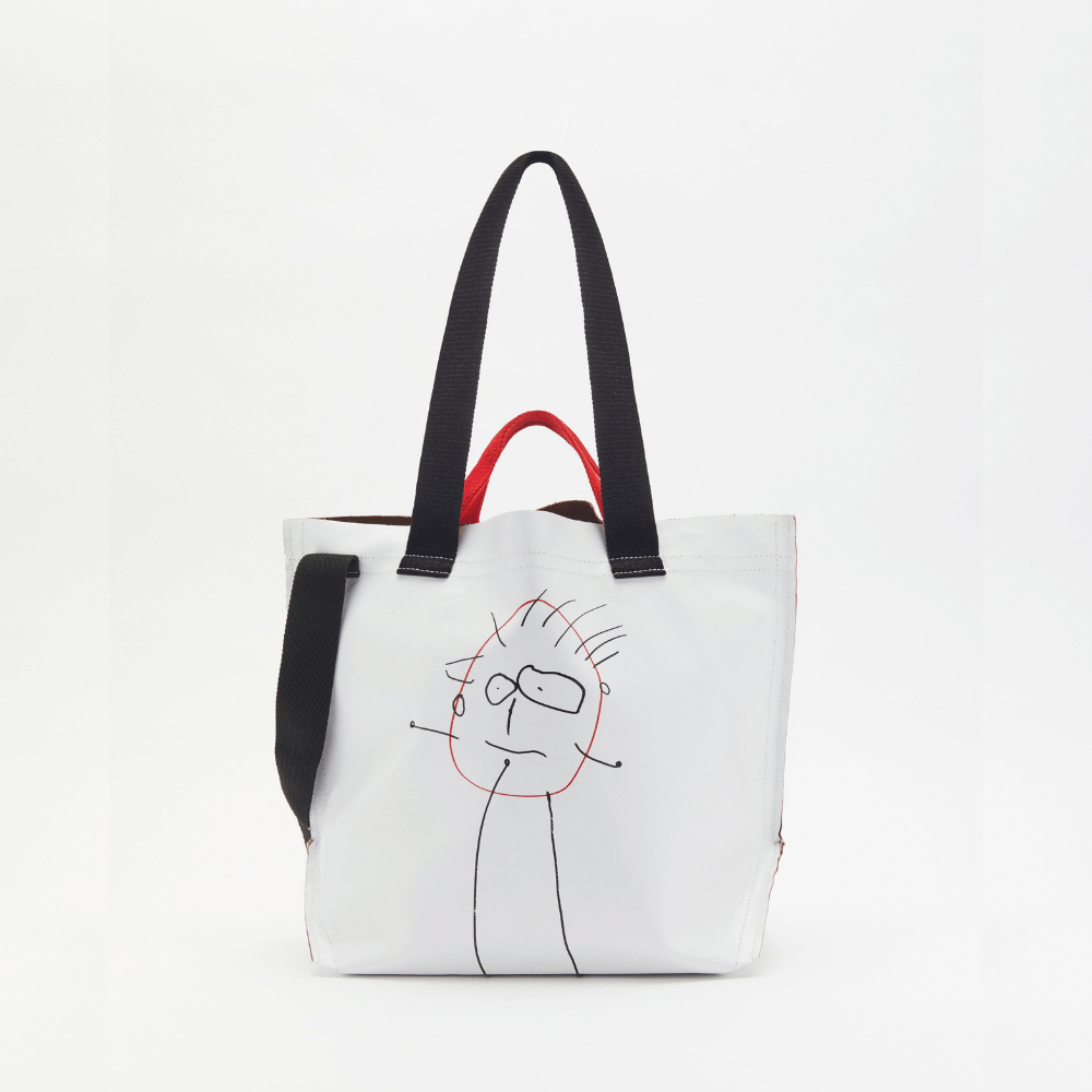 Plan C Printed Medium Shopper Bag in Optical White with black line artwork and contrast black and red handles - front view