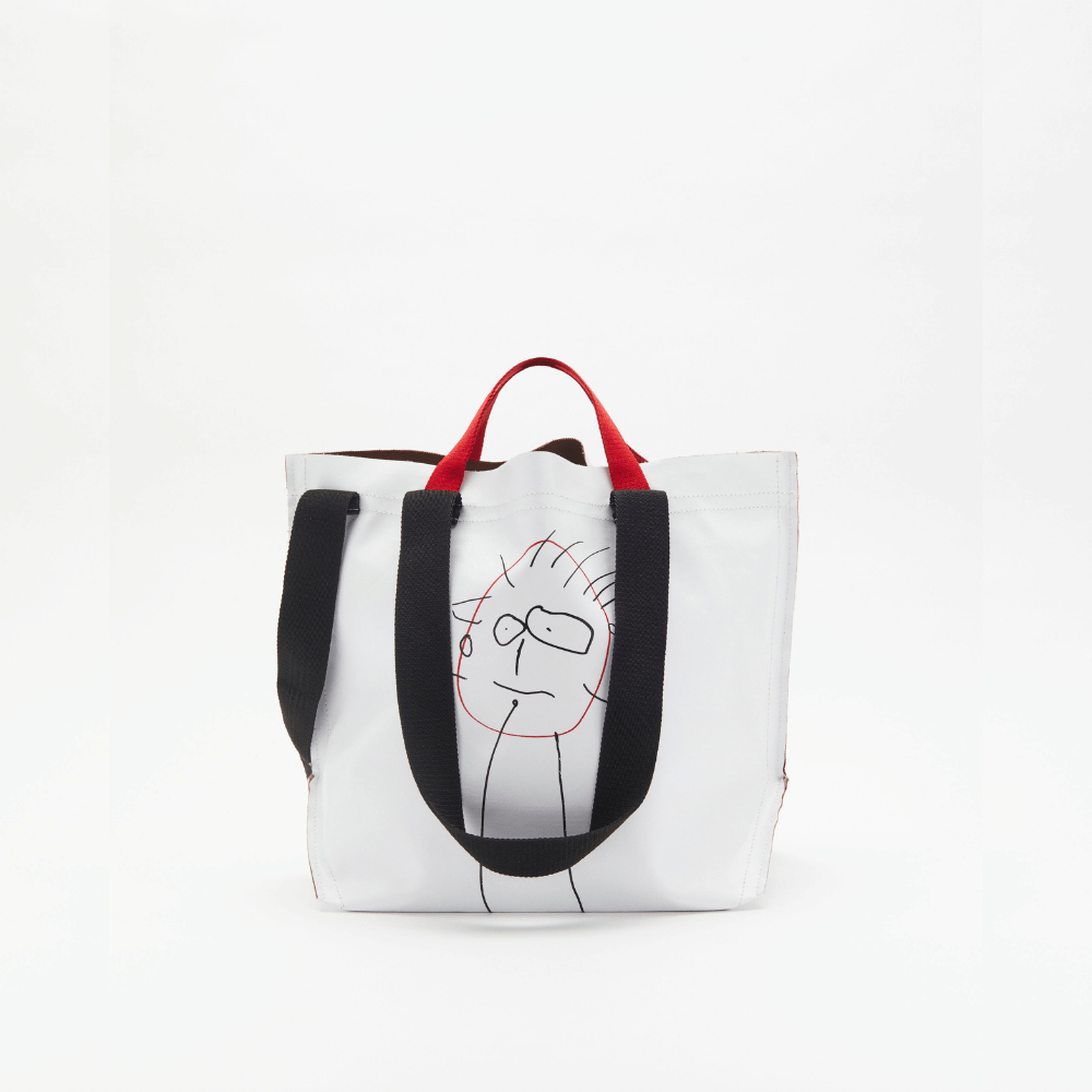 Plan C Printed Medium Shopper Bag in Optical White with black line artwork and contrast black and red handles - rear view