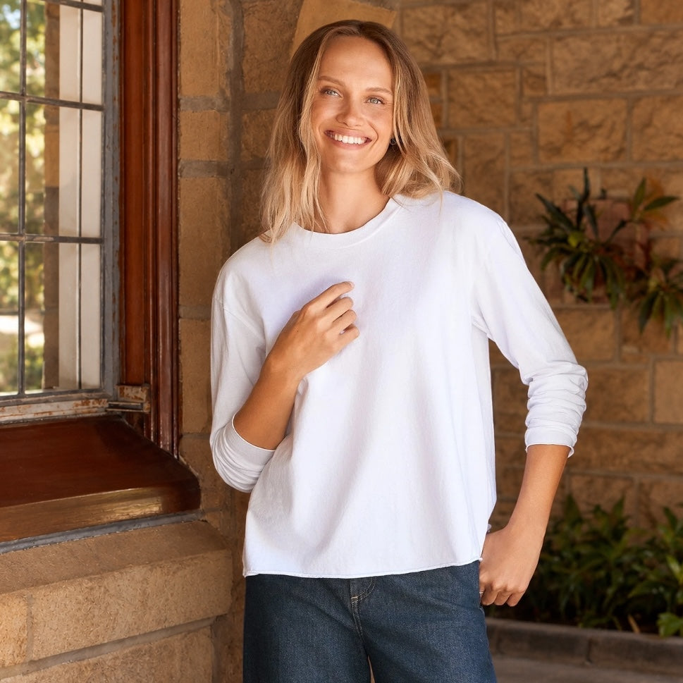 Frank & Eileen Quinn long-sleeve crewneck tee in white cotton jersey, front view