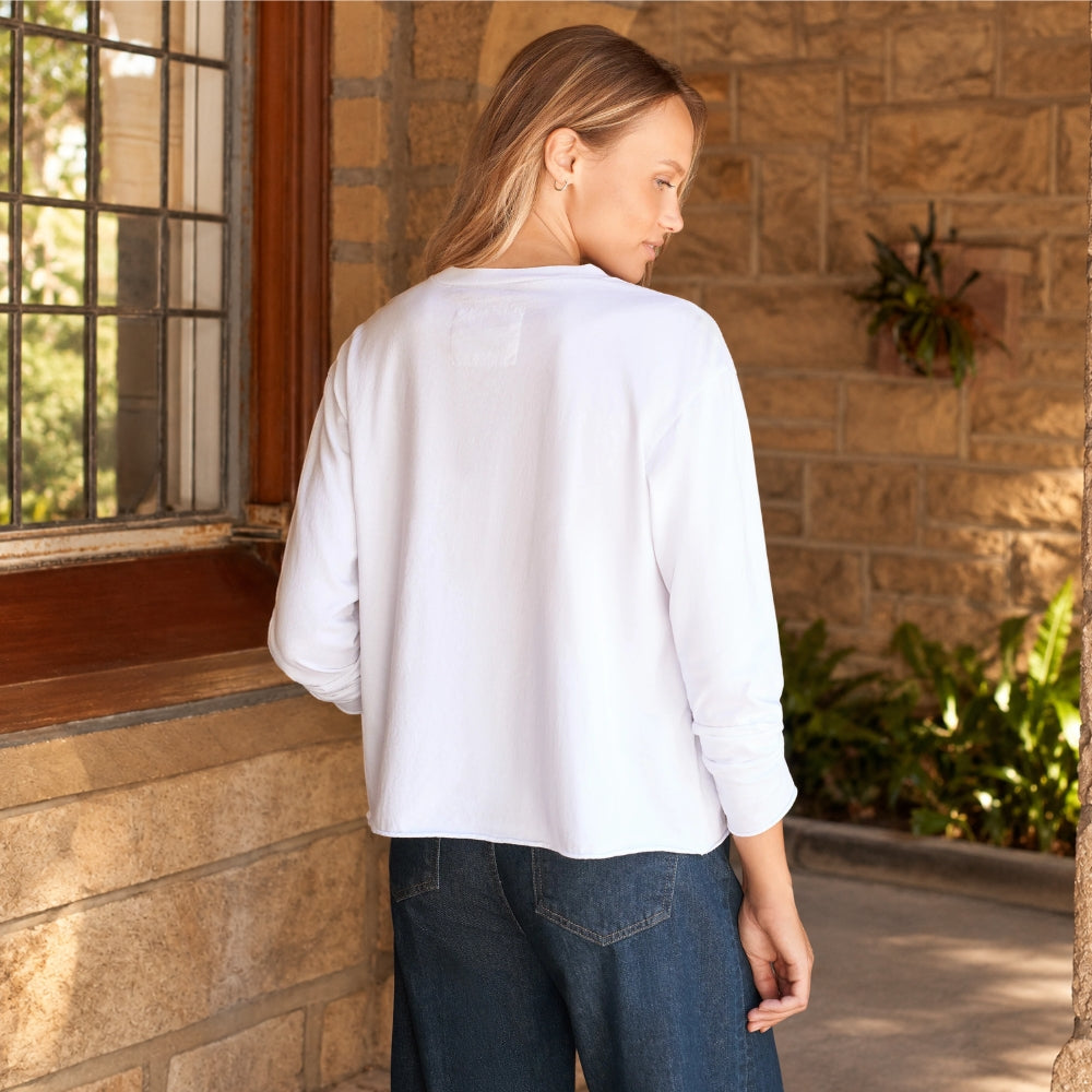 Frank & Eileen Quinn long-sleeve crewneck tee in white cotton jersey, back view