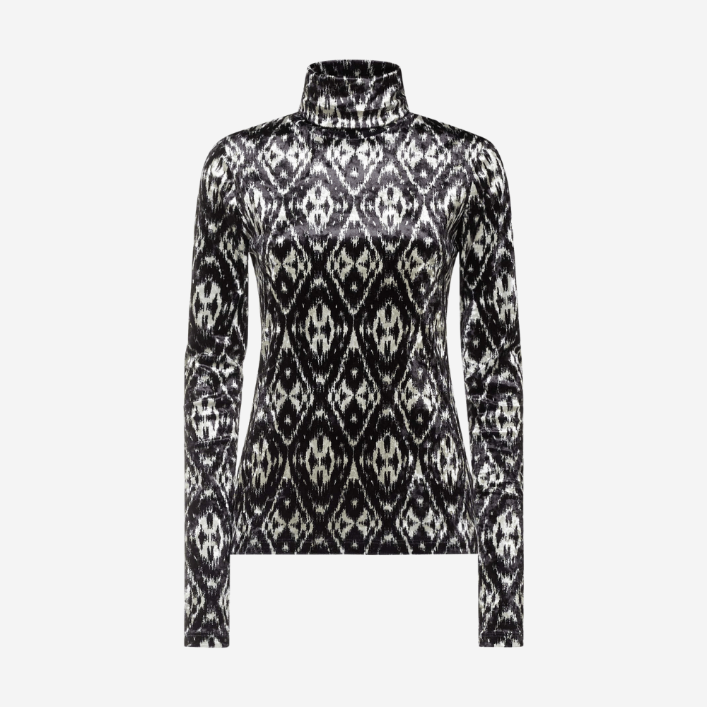 Pierre-Louis Mascia Ranat Velvet-Effect Turtleneck Top in Black Ikat Print PIERRE LOUIS MASCIA designer fashion online or in-store at Riada Concept, Sydney’s high-end fashion boutique in Australia.