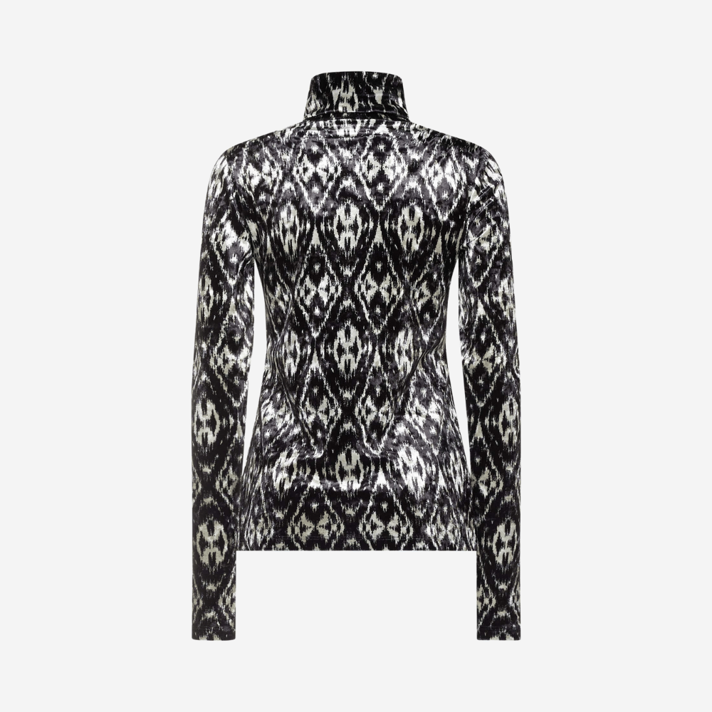 Pierre-Louis Mascia Ranat Velvet-Effect Turtleneck Top in Black Ikat Print PIERRE LOUIS MASCIA designer fashion online or in-store at Riada Concept, Sydney’s high-end fashion boutique in Australia.