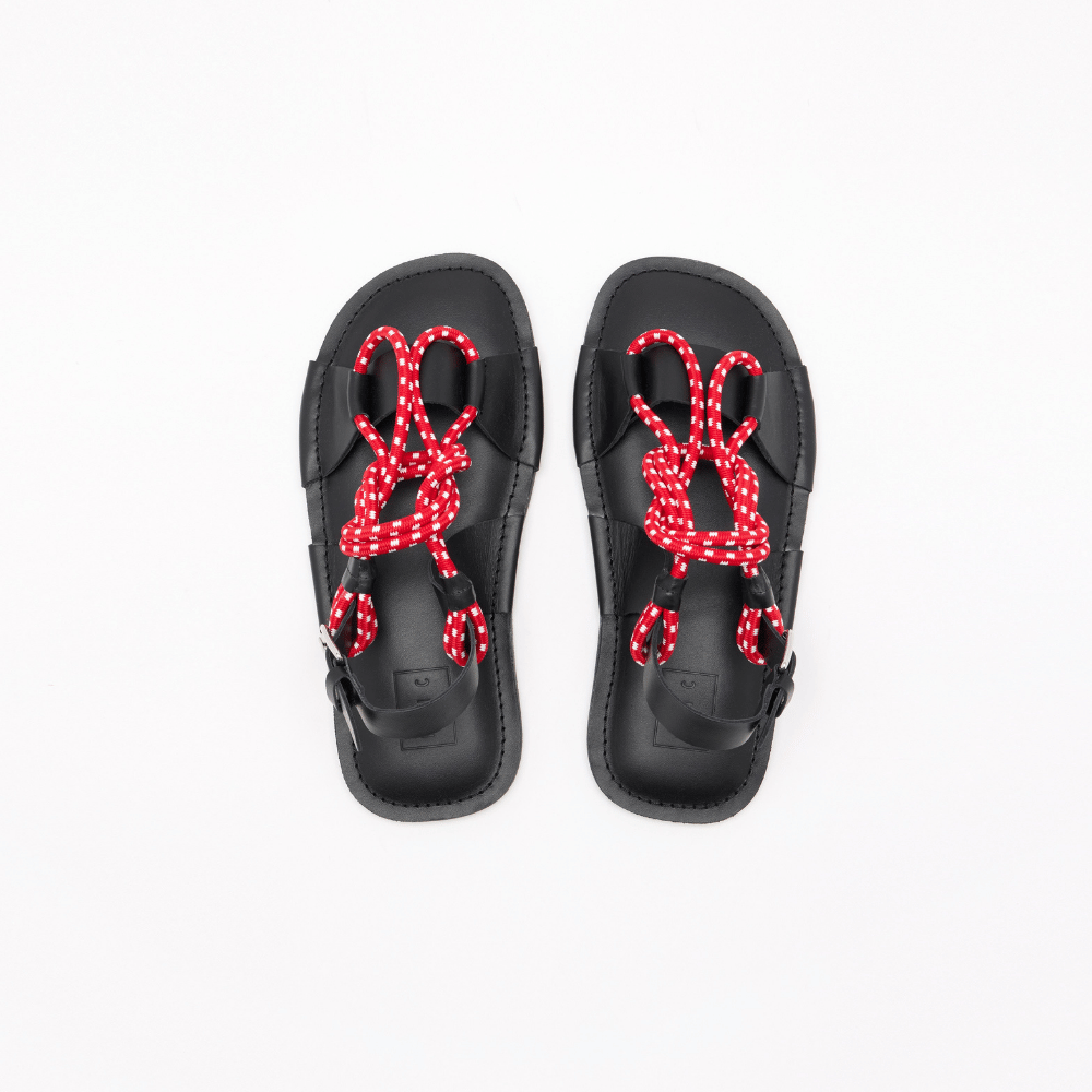 Plan C Cord Detail Leather Slingback Sandals in black with red and white braided cord