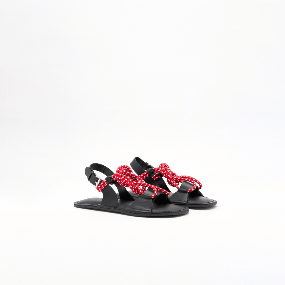 Plan C Cord Detail Leather Slingback Sandals in black with red and white braided cord - angle view