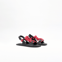 Plan C Cord Detail Leather Slingback Sandals in black with red and white braided cord - angle view