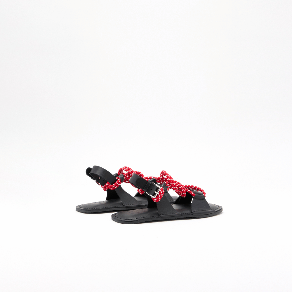 Plan C Cord Detail Leather Slingback Sandals in black with red and white braided cord - back view