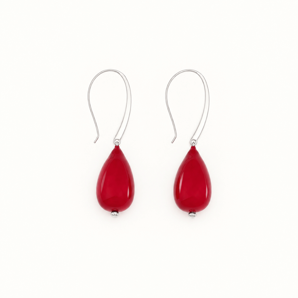 Plan C Paper Pearl Drop Earrings in Vermilion Red with glossy teardrop paper drops