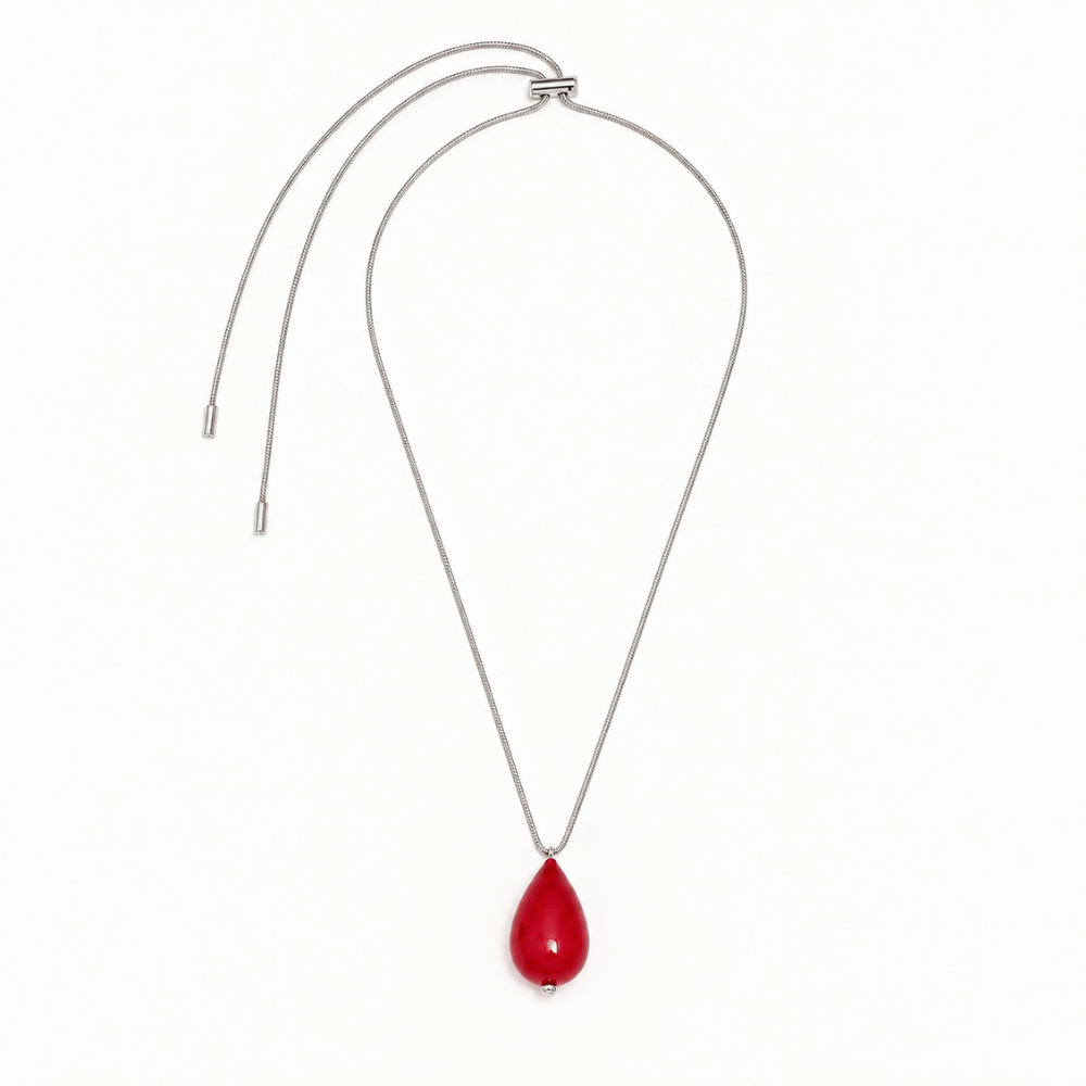 Plan C Vermilion Red Paper Pearl Necklace with adjustable silver-tone chain and drop pendant