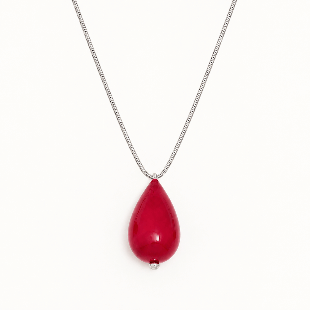 Plan C Paper Pearl Necklace in Vermilion Red with glossy teardrop pendant and silver-tone chain