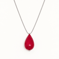 Plan C Paper Pearl Necklace in Vermilion Red with glossy teardrop pendant and silver-tone chain