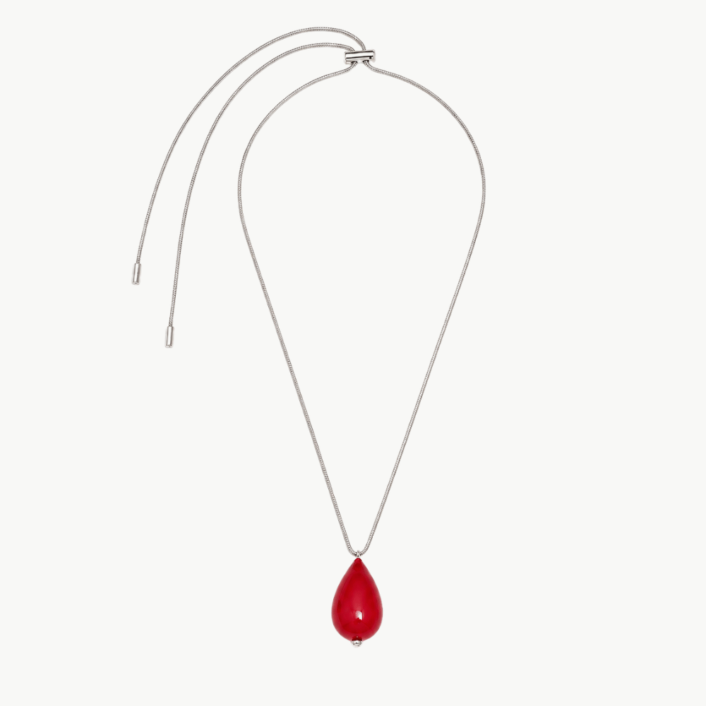 Plan C Vermilion Red Paper Pearl Necklace with adjustable silver-tone chain and drop pendant