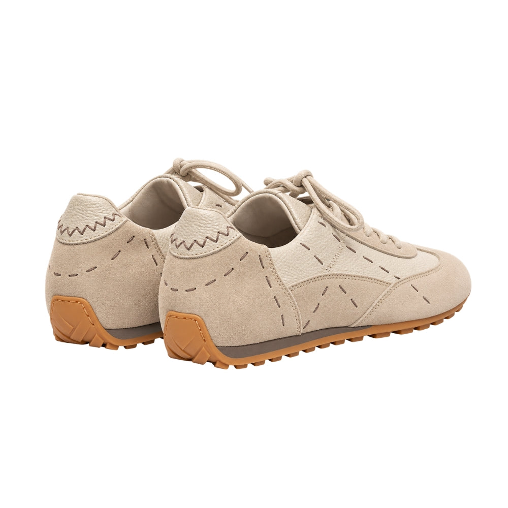 Riada Concept Off-white low-top sneakers by Henry Beguelin in chalky Gesso, mixing soft suede with grained leather and exposed stitching. Handcrafted in Italy - back view