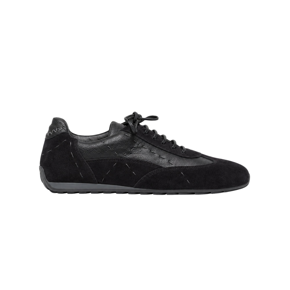 Riada Concept Black low-top sneakers by Henry Beguelin, pairing soft suede with grained leather, exposed stitching and a textured rubber sole. Handcrafted in Italy - side view