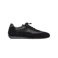 Riada Concept Black low-top sneakers by Henry Beguelin, pairing soft suede with grained leather, exposed stitching and a textured rubber sole. Handcrafted in Italy - side view
