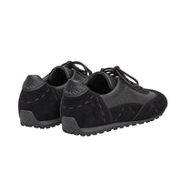 Riada Concept Black low-top sneakers by Henry Beguelin, pairing soft suede with grained leather, exposed stitching and a textured rubber sole. Handcrafted in Italy - back view