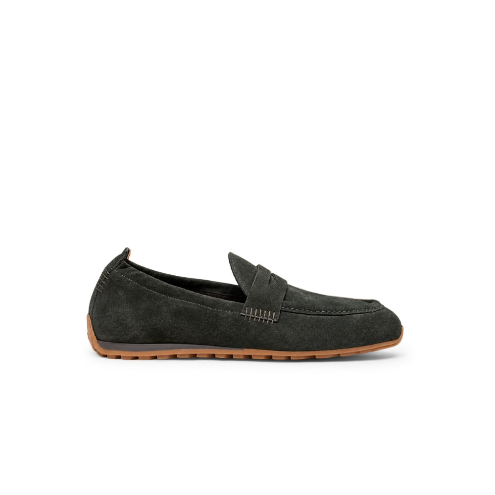 Riada Concept Henry Beguelin's Katerina moccasin loafer in Oliva, a muted olive Softy leather with a penny strap and driving-style sole. Handcrafted in Italy - side view