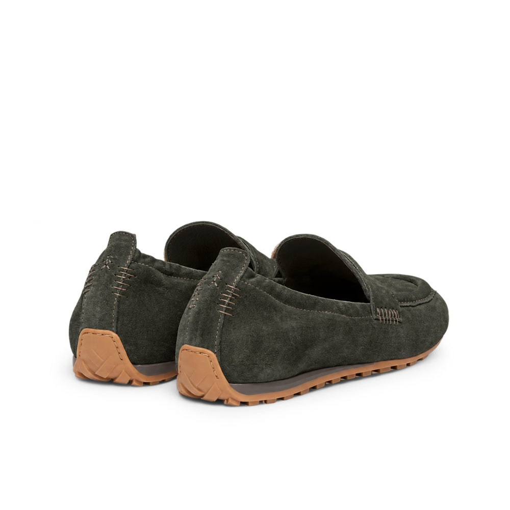 Riada Concept Henry Beguelin's Katerina moccasin loafer in Oliva, a muted olive Softy leather with a penny strap and driving-style sole. Handcrafted in Italy - back view