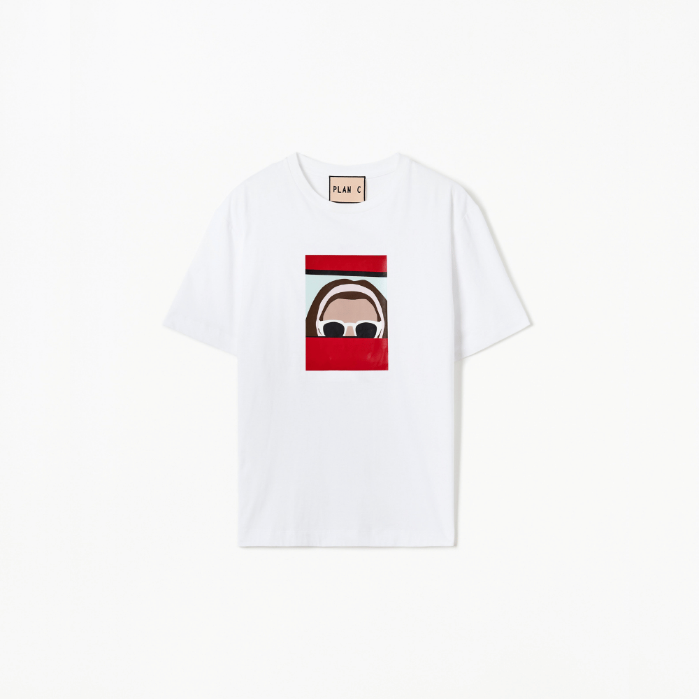 Plan C Self Portrait Print Cotton T-Shirt in Optical White with red graphic artwork