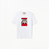 Plan C Self Portrait Print Cotton T-Shirt in Optical White with red graphic artwork