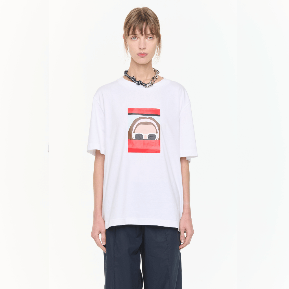 Plan C Self Portrait Print Cotton T-Shirt in Optical White with red graphic artwork styled on model cropped view
